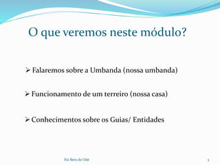 Pai Beto de Odé 3
Conhecimentos sobre os Guias/ Entidades
Funcionamento de um terreiro (nossa casa)
Falaremos sobre a Umbanda (nossa umbanda)
O que veremos neste módulo?
 