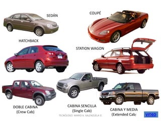SEDÁN
COUPÉ
HATCHBACK
STATION WAGON
DOBLE CABINA
(Crew Cab)
CABINA SENCILLA
(Single Cab) CABINA Y MEDIA
(Extended Cab) VIDEO
10
TECNÓLOGO. MARIO A. VALENZUELA D.
 