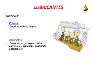 LUBRICANTES
FUNCIONES
• Primaria
- Lubricar, enfriar, limpiar.
• Secundaria
- Sellar, aislar, proteger contra
corrosión y oxidación, control de
espuma, etc.
 