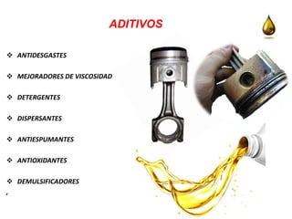 ADITIVOS
 ANTIDESGASTES
 MEJORADORES DE VISCOSIDAD
 DETERGENTES
 DISPERSANTES
 ANTIESPUMANTES
 ANTIOXIDANTES
 DEMULSIFICADORES
,
 