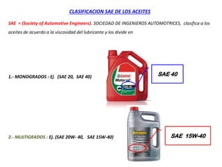 SAE = (Society of Automotive Engineers). SOCIEDAD DE INGENIEROS AUTOMOTRICES, clasifica a los
aceites de acuerdo a la viscosidad del lubricante y los divide en
1.- MONOGRADOS : Ej. (SAE 20, SAE 40)
2.- MULTIGRADOS : Ej. (SAE 20W- 40, SAE 15W-40)
CLASIFICACION SAE DE LOS ACEITES
SAE 40
SAE 15W-40
 