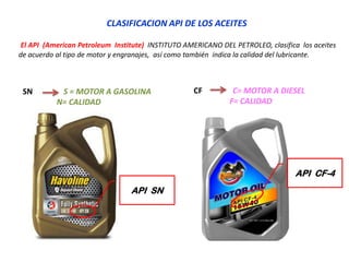 CLASIFICACION API DE LOS ACEITES
El API (American Petroleum Institute) INSTITUTO AMERICANO DEL PETROLEO, clasifica los aceites
de acuerdo al tipo de motor y engranajes, así como también indica la calidad del lubricante.
SN S = MOTOR A GASOLINA
N= CALIDAD
API SN
CF C= MOTOR A DIESEL
F= CALIDAD
API CF-4
 