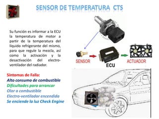 Su función es informar a la ECU
la temperatura de motor a
partir de la temperatura del
líquido refrigerante del mismo,
para que regule la mezcla, así
como la activación y la
desactivación del electro-
ventilador del radiador.
Síntomas de Falla:
Alto consumo de combustible
Dificultades para arrancar
Olor a combustible
Electro-ventilador encendida
Se enciende la luz Check Engine
 