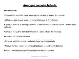 Arranque con otra batería:
Procedimiento:
•Colocar batería auxiliar en un lugar seguro, cerca de la batería del vehículo.
•Utilice una batería que tenga el mismo voltaje que la del vehículo.
•Conectar primero el borne positivo de la batería auxiliar con el positivo de la batería
del auto.
•Conectar el negativo de la batería auxiliar a tierra (chasis del vehículo).
•Proceder a arrancar el vehículo.
•Aumente las RPM el motor con la batería de auxilio conectada.
•Apague el motor y retire los cables utilizados en conexión entre baterías.
•Proceda a encender el vehículo solo con la batería del mismo.
Tenologo.Mario A.Valenzuela D.
 