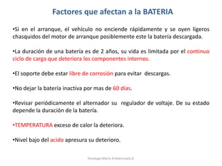 •Si en el arranque, el vehículo no enciende rápidamente y se oyen ligeros
chasquidos del motor de arranque posiblemente este la batería descargada.
•La duración de una batería es de 2 años, su vida es limitada por el continuo
ciclo de carga que deteriora los componentes internos.
•El soporte debe estar libre de corrosión para evitar descargas.
•No dejar la batería inactiva por mas de 60 días.
•Revisar periódicamente el alternador su regulador de voltaje. De su estado
depende la duración de la batería.
•TEMPERATURA exceso de calor la deteriora.
•Nivel bajo del acido apresura su deterioro.
Factores que afectan a la BATERIA
Tenologo.Mario A.Valenzuela D.
 