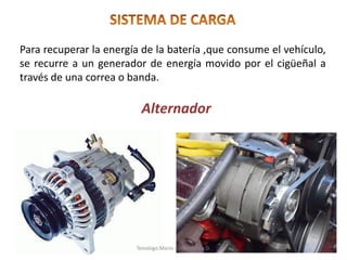 Para recuperar la energía de la batería ,que consume el vehículo,
se recurre a un generador de energía movido por el cigüeñal a
través de una correa o banda.
Alternador
Tenologo.Mario A.Valenzuela D.
 