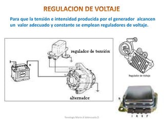 Para que la tensión e intensidad producida por el generador alcancen
un valor adecuado y constante se emplean reguladores de voltaje.
Tenologo.Mario A.Valenzuela D.
 
