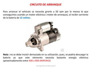 CIRCUITO DE ARRANQUE
Para arrancar el vehículo se necesita girarlo a 50 rpm por lo menos lo que
conseguimos usando un motor eléctrico ( motor de arranque), al recibir corriente
de la batería de 12 voltios.
Nota : no se debe insistir demasiado en su utilización, pues, se podría descargar la
batería ya que este elemento necesita bastante energía eléctrica
aproximadamente entre 400 a 900 AMPERIOS
Tenologo.Mario A.Valenzuela D.
 