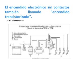 El encendido electrónico sin contactos
también llamado "encendido
transistorizado".
FUNCIONAMIENTO:
Tenologo.Mario A.Valenzuela D.
 