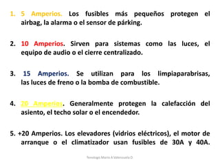 1. 5 Amperios. Los fusibles más pequeños protegen el
airbag, la alarma o el sensor de párking.
2. 10 Amperios. Sirven para sistemas como las luces, el
equipo de audio o el cierre centralizado.
3. 15 Amperios. Se utilizan para los limpiaparabrisas,
las luces de freno o la bomba de combustible.
4. 20 Amperios. Generalmente protegen la calefacción del
asiento, el techo solar o el encendedor.
5. +20 Amperios. Los elevadores (vidrios eléctricos), el motor de
arranque o el climatizador usan fusibles de 30A y 40A.
Tenologo.Mario A.Valenzuela D.
 