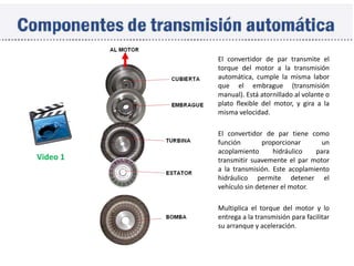 El convertidor de par transmite el
torque del motor a la transmisión
automática, cumple la misma labor
que el embrague (transmisión
manual). Está atornillado al volante o
plato flexible del motor, y gira a la
misma velocidad.
El convertidor de par tiene como
función proporcionar un
acoplamiento hidráulico para
transmitir suavemente el par motor
a la transmisión. Este acoplamiento
hidráulico permite detener el
vehículo sin detener el motor.
Multiplica el torque del motor y lo
entrega a la transmisión para facilitar
su arranque y aceleración.
Video 1
 