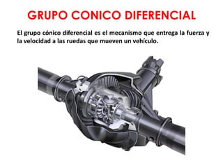 GRUPO CONICO DIFERENCIAL
El grupo cónico diferencial es el mecanismo que entrega la fuerza y
la velocidad a las ruedas que mueven un vehículo.
 