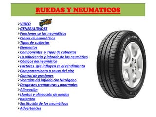 RUEDAS Y NEUMATICOS
VIDEO
GENERALIDADES
Funciones de los neumáticos
Clases de neumáticos
Tipos de cubiertas
Elementos
Componentes y Tipos de cubiertas
La adherencia y labrado de los neumático
Códigos del neumático
Factores que influyen en el rendimiento
Comportamiento a causa del aire
Control de presiones
Ventajas del inflado con Nitrógeno
Desgastes prematuros y anormales
Alineación
Llantas y alineación de ruedas
Balanceo
Sustitución de los neumáticos
Advertencias
 