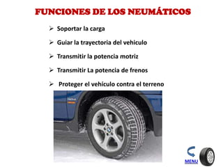 MENU
FUNCIONES DE LOS NEUMÁTICOS
 Soportar la carga
 Guiar la trayectoria del vehiculo
 Transmitir la potencia motriz
 Transmitir La potencia de frenos
 Proteger el vehículo contra el terreno
 