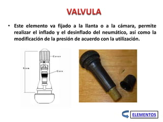 • Este elemento va fijado a la llanta o a la cámara, permite
realizar el inflado y el desinflado del neumático, así como la
modificación de la presión de acuerdo con la utilización.
 