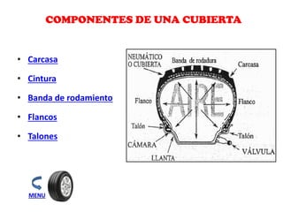 COMPONENTES DE UNA CUBIERTA
• Carcasa
• Cintura
• Banda de rodamiento
• Flancos
• Talones
MENU
 