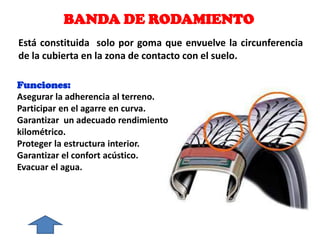 BANDA DE RODAMIENTO
Está constituida solo por goma que envuelve la circunferencia
de la cubierta en la zona de contacto con el suelo.
Funciones:
Asegurar la adherencia al terreno.
Participar en el agarre en curva.
Garantizar un adecuado rendimiento
kilométrico.
Proteger la estructura interior.
Garantizar el confort acústico.
Evacuar el agua.
 