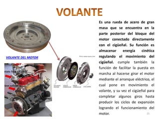 VOLANTE DEL MOTOR
Es una rueda de acero de gran
masa que se encuentra en la
parte posterior del bloque del
motor conectado directamente
con el cigüeñal. Su función es
almacenar energía cinética
regulando el movimiento del
cigüeñal. cumple también la
función de facilitar la puesta en
marcha al hacerse girar el motor
mediante el arranque eléctrico, el
cual pone en movimiento el
volante, y su vez el cigüeñal para
completar algunos giros hasta
producir los ciclos de expansión
logrando el funcionamiento del
motor. 25
 