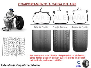 Indicador de desgaste del labrado MENU
No conduzca con llantas desgastadas o dañadas,
estás llantas pueden causar que se pierda el control
del vehículo y sufra una colisión.
 