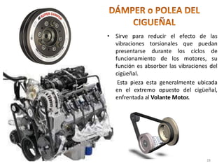 • Sirve para reducir el efecto de las
vibraciones torsionales que puedan
presentarse durante los ciclos de
funcionamiento de los motores, su
función es absorber las vibraciones del
cigüeñal.
• Esta pieza esta generalmente ubicada
en el extremo opuesto del cigüeñal,
enfrentada al Volante Motor.
28
 