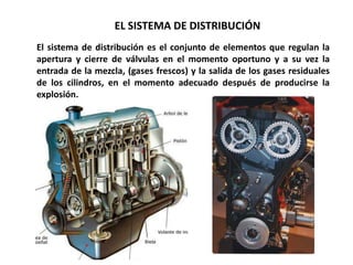 El sistema de distribución es el conjunto de elementos que regulan la
apertura y cierre de válvulas en el momento oportuno y a su vez la
entrada de la mezcla, (gases frescos) y la salida de los gases residuales
de los cilindros, en el momento adecuado después de producirse la
explosión.
EL SISTEMA DE DISTRIBUCIÓN
 