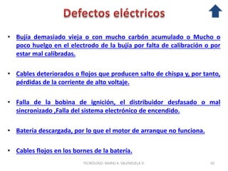 • Bujía demasiado vieja o con mucho carbón acumulado o Mucho o
poco huelgo en el electrodo de la bujía por falta de calibración o por
estar mal calibradas.
• Cables deteriorados o flojos que producen salto de chispa y, por tanto,
pérdidas de la corriente de alto voltaje.
• Falla de la bobina de ignición, el distribuidor desfasado o mal
sincronizado ,Falla del sistema electrónico de encendido.
• Batería descargada, por lo que el motor de arranque no funciona.
• Cables flojos en los bornes de la batería.
50
TECNÓLOGO. MARIO A. VALENZUELA D.
 
