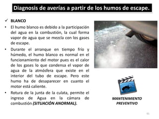  BLANCO
• El humo blanco es debido a la participación
del agua en la combustión, la cual forma
vapor de agua que se mezcla con los gases
de escape.
• Durante el arranque en tiempo frío y
húmedo, el humo blanco es normal en el
funcionamiento del motor pues es el calor
de los gases lo que condensa el vapor de
agua de la atmósfera que existe en el
interior del tubo de escape. Pero este
humo ha de desaparecer en cuanto el
motor está caliente.
• Rotura de la junta de la culata, permite el
ingreso de Agua en la cámara de
combustión (SITUACIÓN ANORMAL).
Diagnosis de averías a partir de los humos de escape.
61
MANTENIMIENTO
PREVENTIVO
 