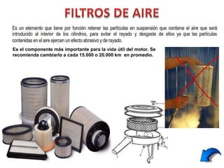 65
Es el componente más importante para la vida útil del motor. Se
recomienda cambiarlo a cada 15.000 o 20.000 km en promedio.
 