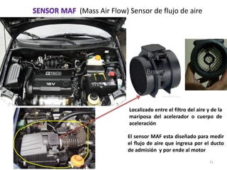 (Mass Air Flow) Sensor de flujo de aire
Localizado entre el filtro del aire y de la
mariposa del acelerador o cuerpo de
aceleración
71
El sensor MAF esta diseñado para medir
el flujo de aire que ingresa por el ducto
de admisión y por ende al motor
 