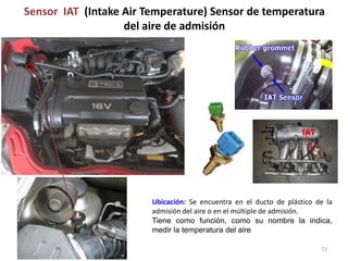 Sensor IAT (Intake Air Temperature) Sensor de temperatura
del aire de admisión
Ubicación: Se encuentra en el ducto de plástico de la
admisión del aire o en el múltiple de admisión.
Tiene como función, como su nombre la indica,
medir la temperatura del aire
72
 
