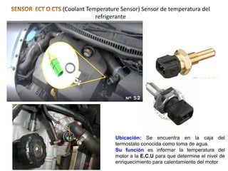 (Coolant Temperature Sensor) Sensor de temperatura del
refrigerante
Ubicación: Se encuentra en la caja del
termostato conocida como toma de agua.
Su función es informar la temperatura del
motor a la E.C.U para que determine el nivel de
enriquecimiento para calentamiento del motor
 