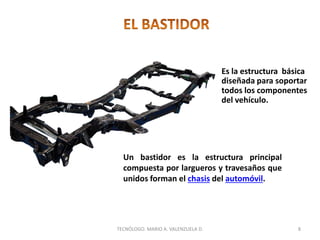 Es la estructura básica
diseñada para soportar
todos los componentes
del vehículo.
Un bastidor es la estructura principal
compuesta por largueros y travesaños que
unidos forman el chasis del automóvil.
8
TECNÓLOGO. MARIO A. VALENZUELA D.
 