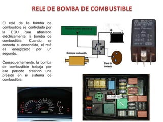 El relé de la bomba de
combustible es controlado por
la ECU que abastece
eléctricamente la bomba de
combustible. Cuando se
conecta el encendido, el relé
es energizado por un
segundo.
Consecuentemente, la bomba
de combustible trabaja por
ese período creando una
presión en el sistema de
combustible.
 