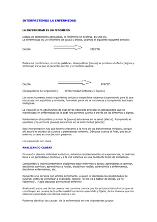 INTERPRETEMOS LA ENFERMEDAD


LA ENFERMEDAD ES UN FENOMENO

Dadas las condiciones adecuadas, el fenómeno se expresa. Es una ley.
La enfermedad es un fenómeno de causa y efecto, veamos el siguiente esquema sencillo:



CAUSA                                                    EFECTO




Dadas las condiciones; en otras palabras, desequilibrio (causa) se produce el efecto (signos y
síntomas) es lo que el paciente percibe y el medico explora.




CAUSA                                                             EFECTO

(Desequilibrio del organismo)      (Enfermedad Síntomas y Signos)

Los seres humanos como organismos únicos e irrepetibles nacemos (suponiendo para lo que
nos ocupa) en equilibrio y armonía, formando parte de la naturaleza y cumpliendo sus leyes
biológicas.

La violación o no observancia de esas leyes naturales provoca un desequilibrio que se
manifestará en enfermedad de la cual nos daremos cuenta a través de los síntomas y signos.

Manteniendo el equilibrio y armon ía (causa) estaremos en la salud (efecto). Rompiendo el
equilibrio y la armonía (causa) estaremos en la enfermedad (efecto).

Esta interpretación hay que tenerla presente a la hora de los tratamientos médicos, porque
ahí estará el secreto de curarse o permanecer enfermo. Dándose cuenta al final, que estar
enfermo o sano es una decisión personal.

Los esquemas son míos

ANALIZANDO CAUSAS

En nuestro devenir individual evolutivo, estamos constantemente en experiencias, lo cual nos
lleva a un aprendizaje continuo y a la vez estamos en una constante toma de decisiones.

Conscientes o inconscientemente decidimos estar enfermos o sanos; aprendimos a caminar,
decidimos caminar; aprendimos a hablar, decidimos hablar; aprendimos a enfermarnos,
decidimos enfermarnos, etc.

Recuerdo una persona con artritis deformante, a quien le planteaba las posibilidades de
curarse; antes de comenzar a explicarle, replicó: “si me va a hablar de dietas, ya no
hablemos”. ¡Había decidido permanecer enfermo!

Analizando cada una de las causas nos daremos cuenta que los procesos bioquímicos que se
constituyen en causas de la enfermedad los hemos aprendido y fijado, de tal manera que los
estamos ejecutando nos demos cuenta o no.

Podemos clasificar las causas de la enfermedad en tres importantes grupos:
 