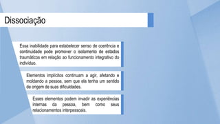Dissociação
Essa inabilidade para estabelecer senso de coerência e
continuidade pode promover o isolamento de estados
traumáticos em relação ao funcionamento integrativo do
indivíduo.
Elementos implícitos continuam a agir, afetando e
moldando a pessoa, sem que ela tenha um sentido
de origem de suas dificuldades.
Esses elementos podem invadir as experiências
internas da pessoa, bem como seus
relacionamentos interpessoais.
 