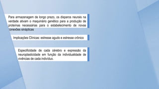 Para armazenagem de longo prazo, os disparos neurais na
verdade ativam o maquinário genético para a produção de
proteínas necessárias para o estabelecimento de novas
conexões sinápticas
Especificidade de cada cérebro e expressão da
neuroplasticidade em função da individualidade de
vivências de cada indivíduo.
Implicações Clínicas: estresse agudo e estresse crônico
 
