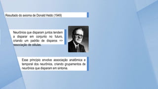 Resultado do axioma de Donald Hebb (1949)
Neurônios que disparam juntos tendem
a disparar em conjunto no futuro,
criando um padrão de disparos =>
associação de células.
Esse princípio envolve associação anatômica e
temporal dos neurônios, criando grupamentos de
neurônios que disparam em sintonia.
 