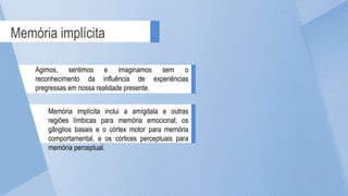 Memória implícita
Agimos, sentimos e imaginamos sem o
reconhecimento da influência de experiências
pregressas em nossa realidade presente.
Memória implícita inclui a amígdala e outras
regiões límbicas para memória emocional; os
gânglios basais e o córtex motor para memória
comportamental, e os córtices perceptuais para
memória perceptual.
 