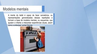 Modelos mentais
A mente do bebê é capaz de fazer somatórios, ou
representações generalizadas dessas repetições e
formam a base de modelos mentais, ou esquemas, que
ajudam o infante a interpretar experiências atuais, assim
como a antecipar outras futuras.
 