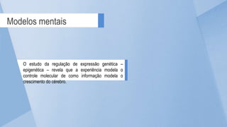 Modelos mentais
O estudo da regulação de expressão genética –
epigenética – revela que a experiência modela o
controle molecular de como informação modela o
crescimento do cérebro.
 