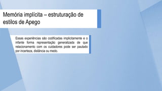 Essas experiências são codificadas implicitamente e o
infante forma representação generalizada de que
relacionamento com os cuidadores pode ser pautado
por incerteza, distância ou medo.
Memória implícita – estruturação de
estilos de Apego
 