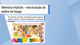 Por volta dos 18 meses, maturação de várias partes do
cérebro permite à criança compreender e expressar
linguagem.
Memória implícita – estruturação de
estilos de Apego
 