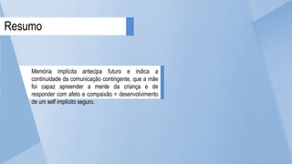 Resumo
Memória implícita antecipa futuro e indica a
continuidade da comunicação contingente, que a mãe
foi capaz apreender a mente da criança e de
responder com afeto e compaixão = desenvolvimento
de um self implícito seguro.
 