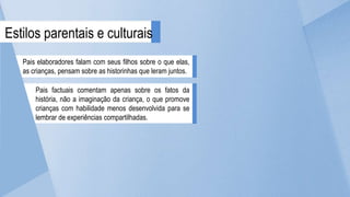 Pais elaboradores falam com seus filhos sobre o que elas,
as crianças, pensam sobre as historinhas que leram juntos.
Estilos parentais e culturais
Pais factuais comentam apenas sobre os fatos da
história, não a imaginação da criança, o que promove
crianças com habilidade menos desenvolvida para se
lembrar de experiências compartilhadas.
 