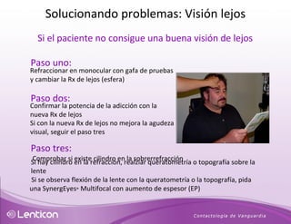 Si el paciente no consigue una buena visión de lejos Paso uno: Refraccionar en monocular con gafa de pruebas y cambiar la Rx de lejos (esfera) Paso dos: Confirmar la potencia de la adicción con la nueva Rx de lejos Si con la nueva Rx de lejos no mejora la agudeza visual, seguir el paso tres Paso tres: Comprobar si existe cilindro en la sobrerrefracción Si hay cilindro en la refracción, realziar queratometría o topografía sobre la lente Si se observa flexión de la lente con la queratometría o la topografía, pida una SynergEyes ®  Multifocal con aumento de espesor (EP) Solucionando problemas: Visión lejos 