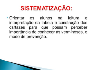  Orientar os alunos na leitura e
interpretação da tabela e construção dos
cartazes para que possam perceber
importância de conhecer as verminoses, e
modo de prevenção.
 
