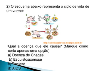 2) O esquema abaixo representa o ciclo de vida de
um verme:
Qual a doença que ele causa? (Marque como
certa apenas uma opção)
a) Doença de Chagas
b) Esquistossomose
c) Teníase
d) AIDS
http://cienciasprovas.blogspot.com.br
 