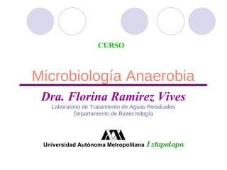 Microbiología Anaerobia Dra. Florina Ramírez Vives Laboratorio de Tratamiento de Aguas Residuales Departamento de Biotecnología Universidad Autónoma Metropolitana  Iztapalapa CURSO 