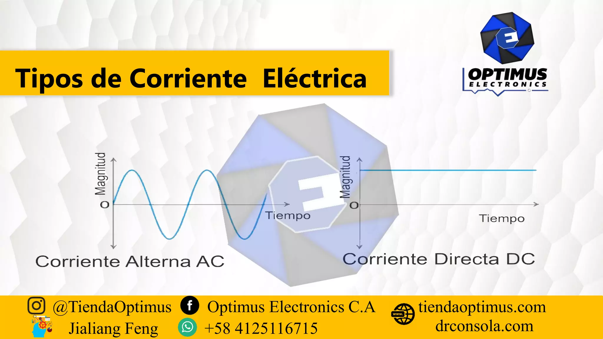 Tipos de Corriente Eléctrica
@TiendaOptimus Optimus Electronics C.A
drconsola.com
tiendaoptimus.com
Jialiang Feng +58 4125116715
 