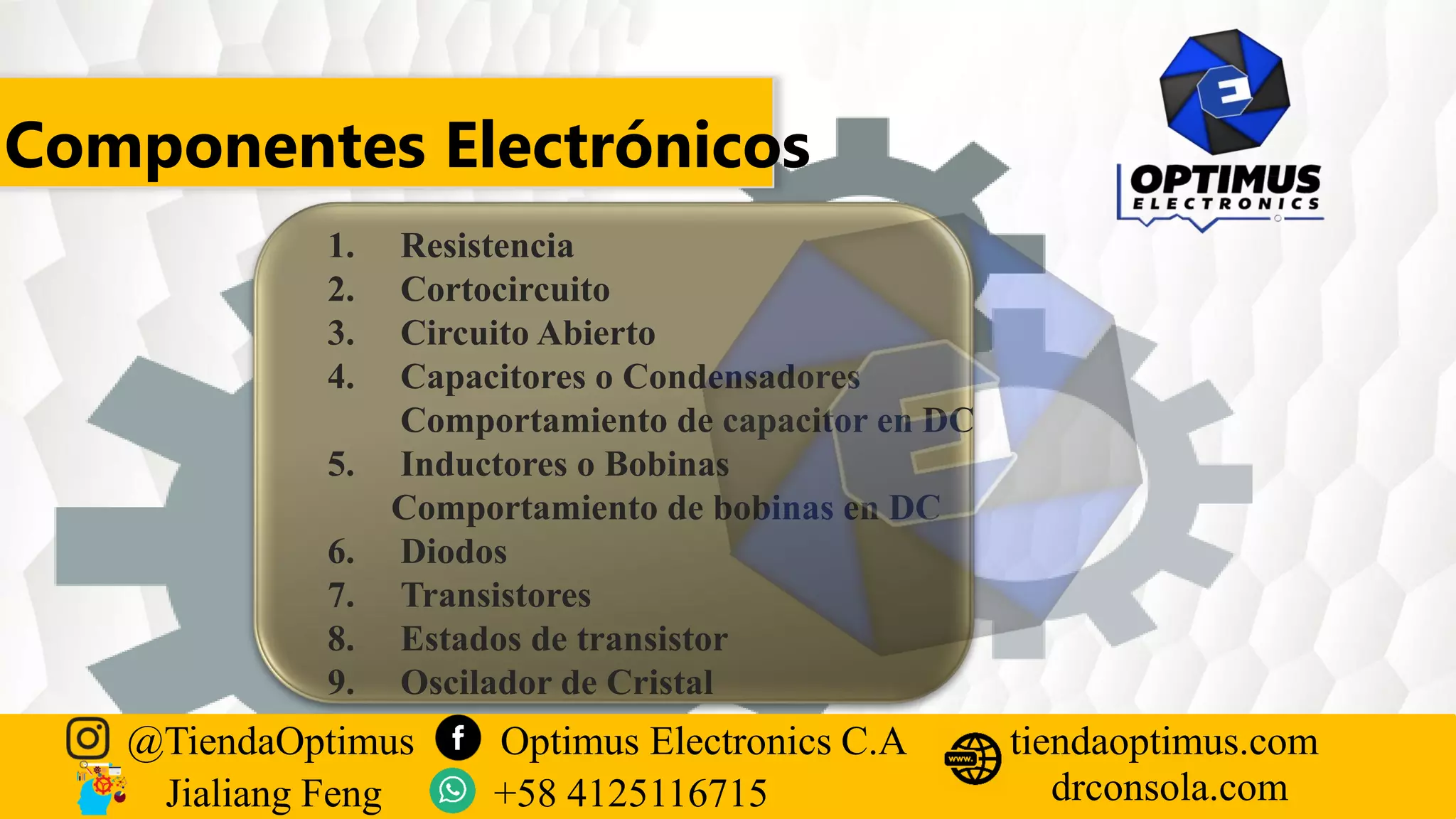 Componentes Electrónicos
1. Resistencia
2. Cortocircuito
3. Circuito Abierto
4. Capacitores o Condensadores
Comportamiento de capacitor en DC
5. Inductores o Bobinas
Comportamiento de bobinas en DC
6. Diodos
7. Transistores
8. Estados de transistor
9. Oscilador de Cristal
@TiendaOptimus Optimus Electronics C.A
drconsola.com
tiendaoptimus.com
Jialiang Feng +58 4125116715
 